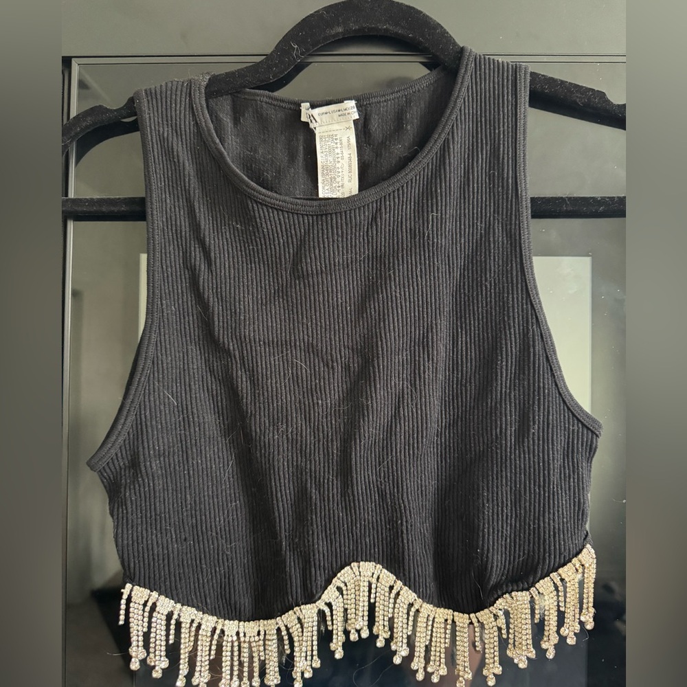 Zara Black Sleeveless Top with Beaded Fringe